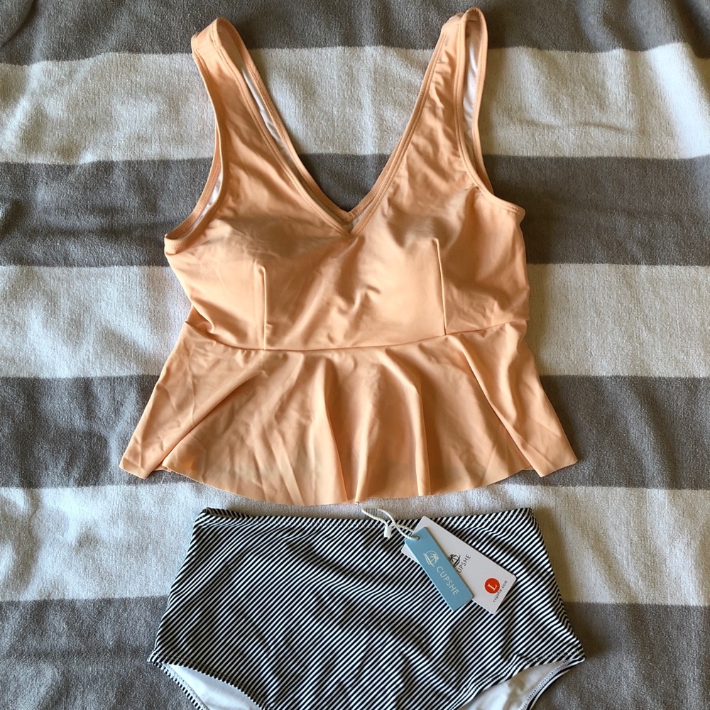 NWT Cupshe Bikini L Peach BW Stripe High Waisted